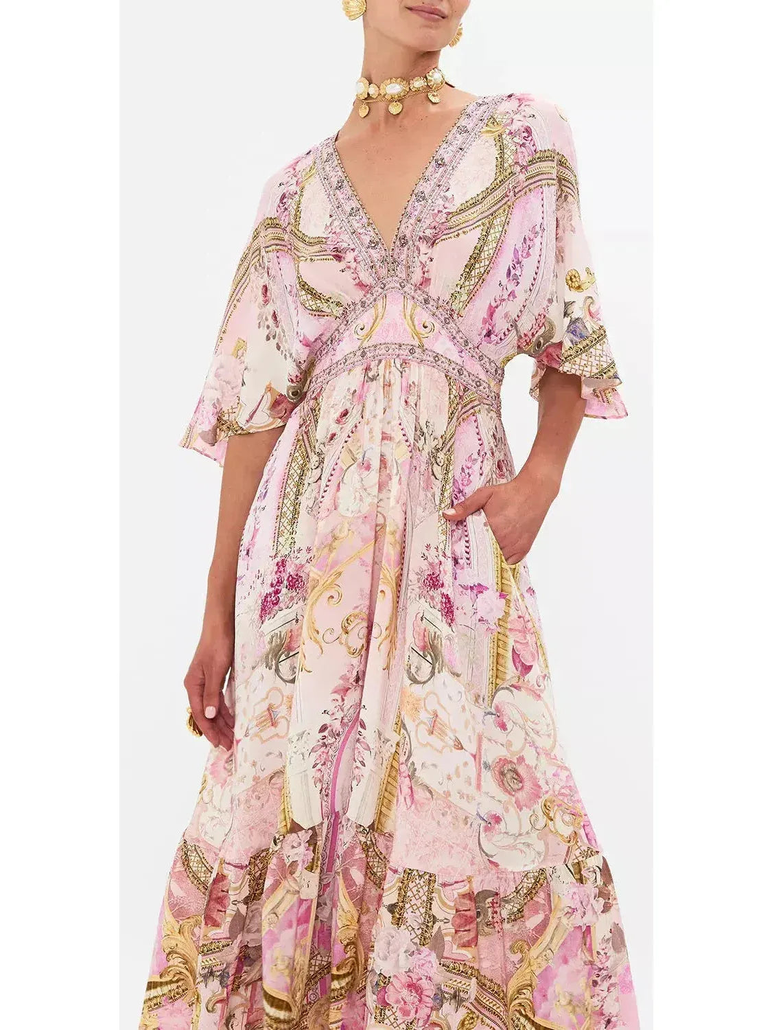 Printed Silk Long Fairytale Waisted Dress with Hem Ruffle - Dresses