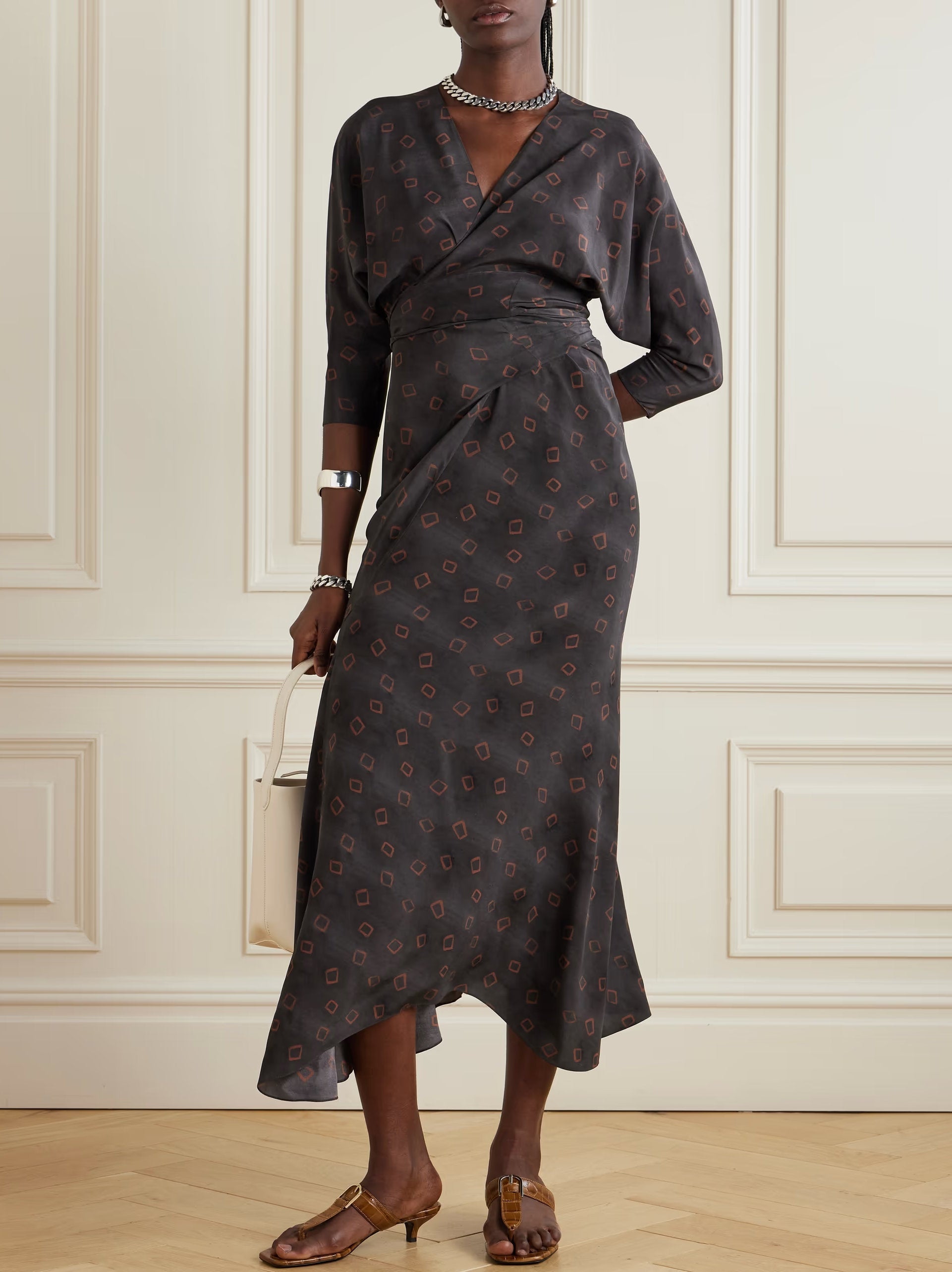 Dark patterned Printed Silk Midi Wrap Dress showcasing elegant style and versatility