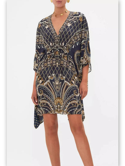 Printed Silk Short Gathered Waist Kaftan Dress - Dresses