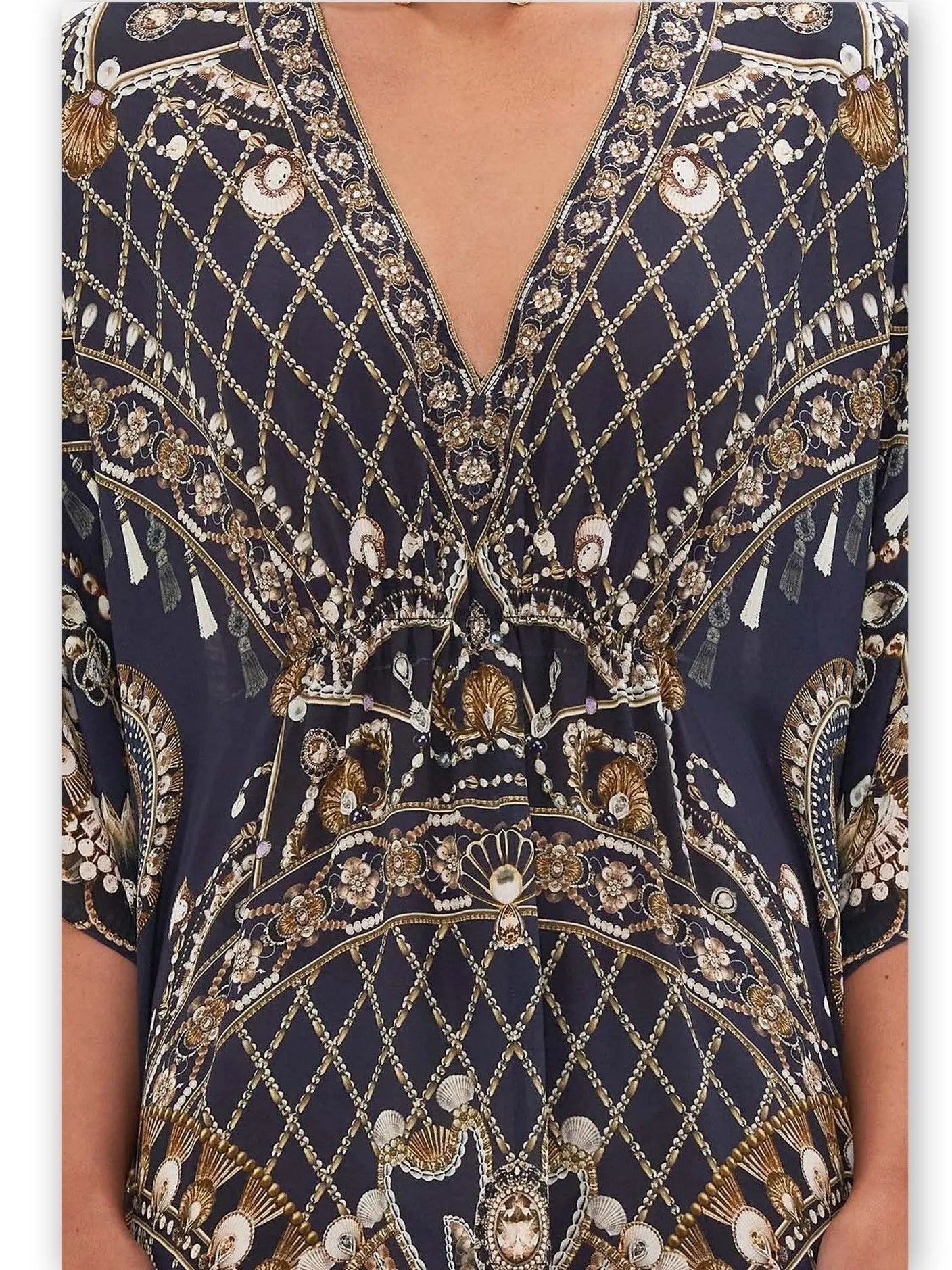 Printed Silk Short Gathered Waist Kaftan Dress - Dresses