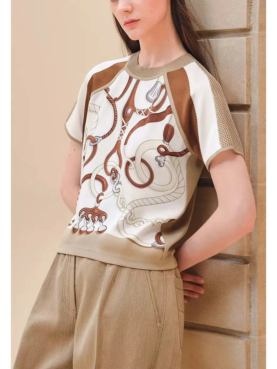 Printed Silk Short-Sleeve Sweater in White with Brown Tones - Sweaters & Knitwear