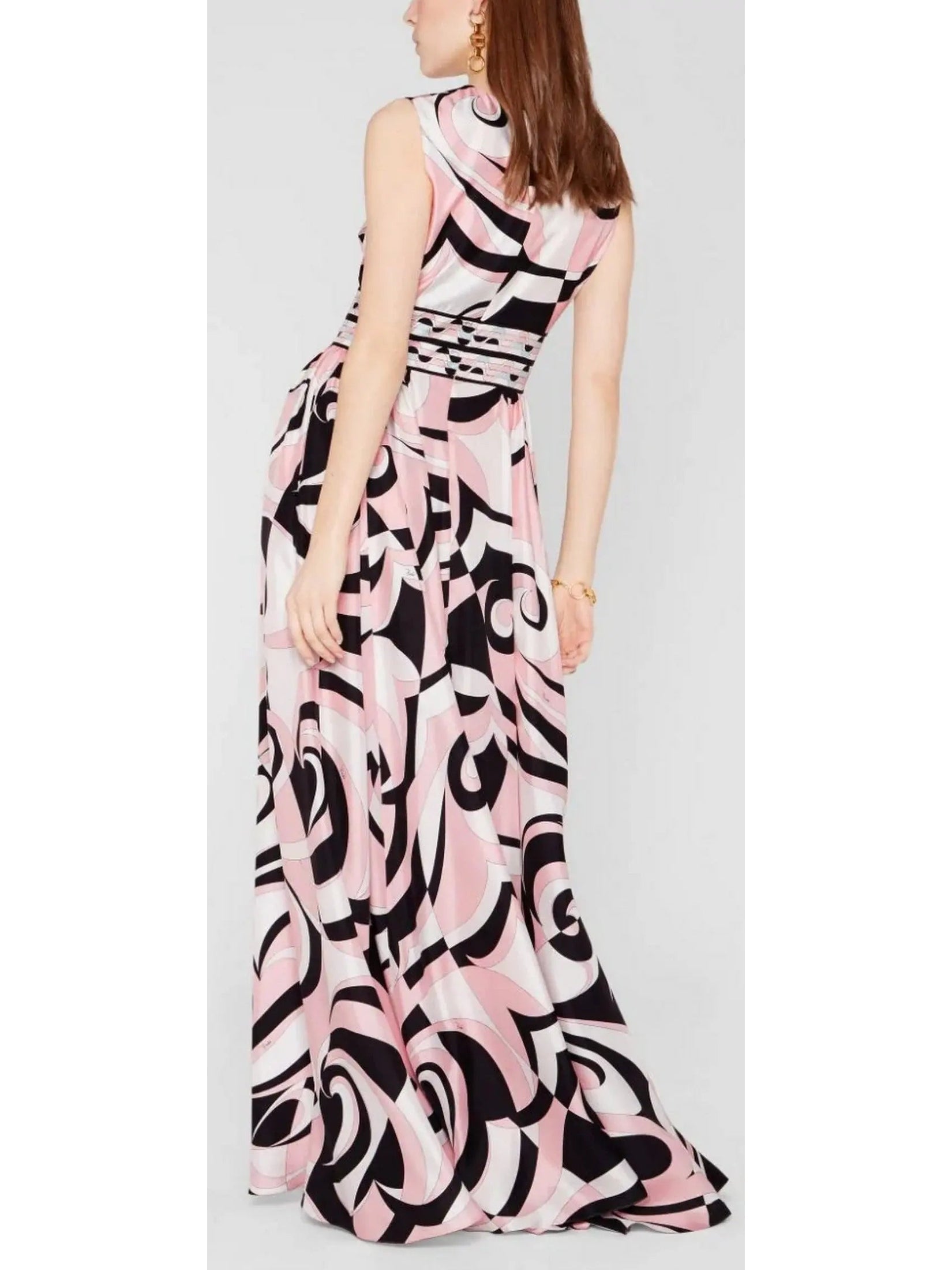 Printed Silk Sleeveless Maxi Dress in Pink Black and White - Dresses