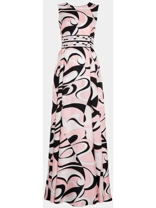 Printed Silk Sleeveless Maxi Dress in Pink Black and White - small - Dresses