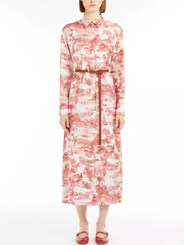 Long-sleeved red and white printed silk straight midi shirt dress with belt