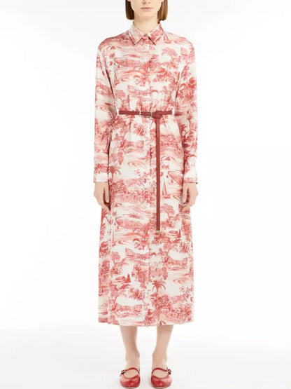 Long-sleeved red and white printed silk straight midi shirt dress with belt