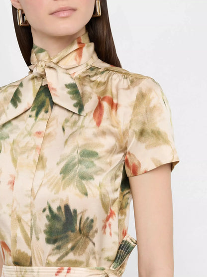 Printed Silk Tie-Neck Short-Sleeve Silk Blouse - Tops