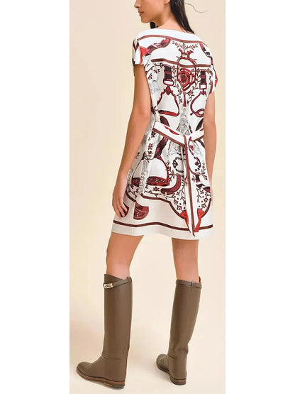 Printed Silk Tunic Dress in White and Red Tones - Dresses