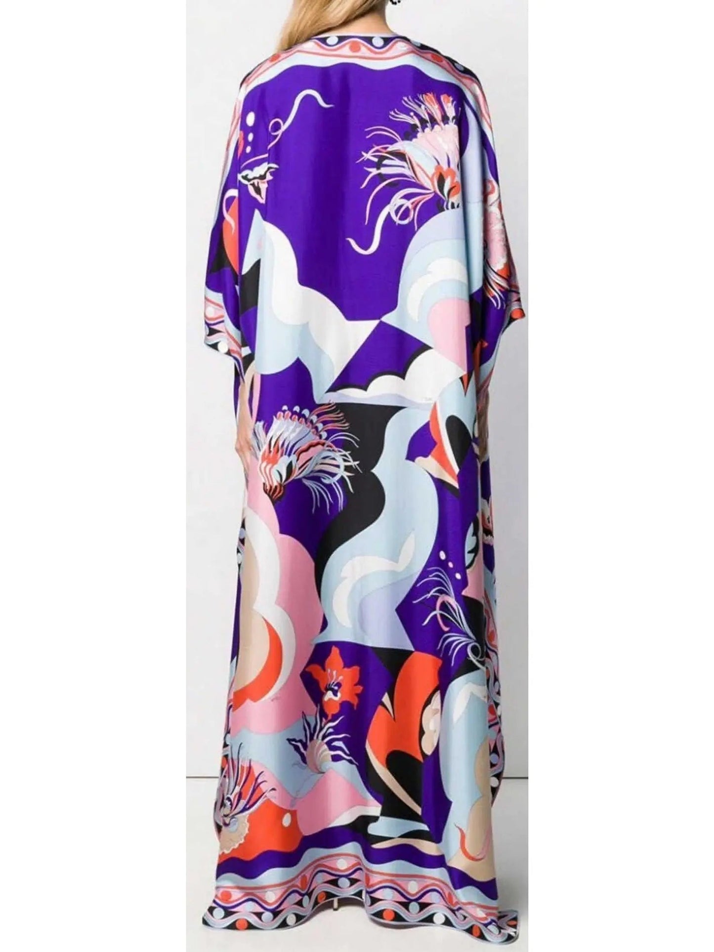 Printed Silk V-Neck Kaftan Dress - Dresses