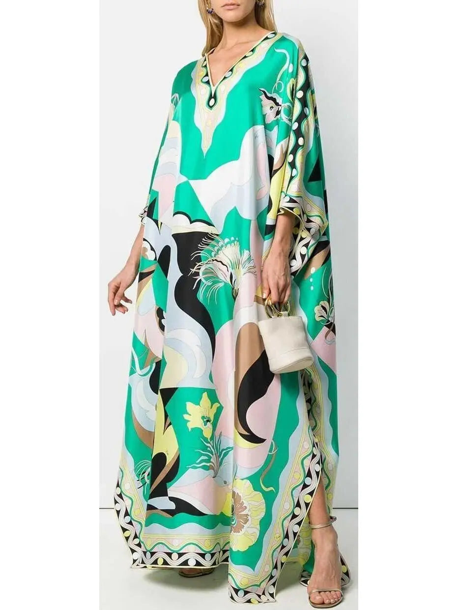 Printed Silk V-Neck Kaftan Dress - Dresses