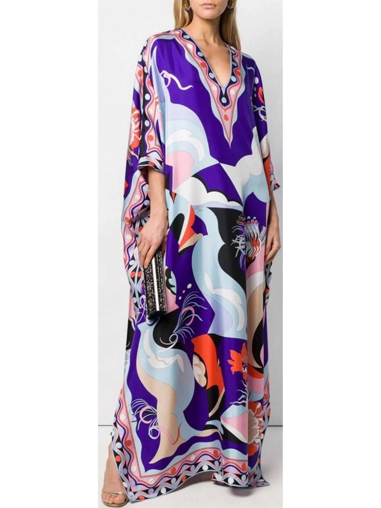 Printed Silk V-Neck Kaftan Dress - Dresses