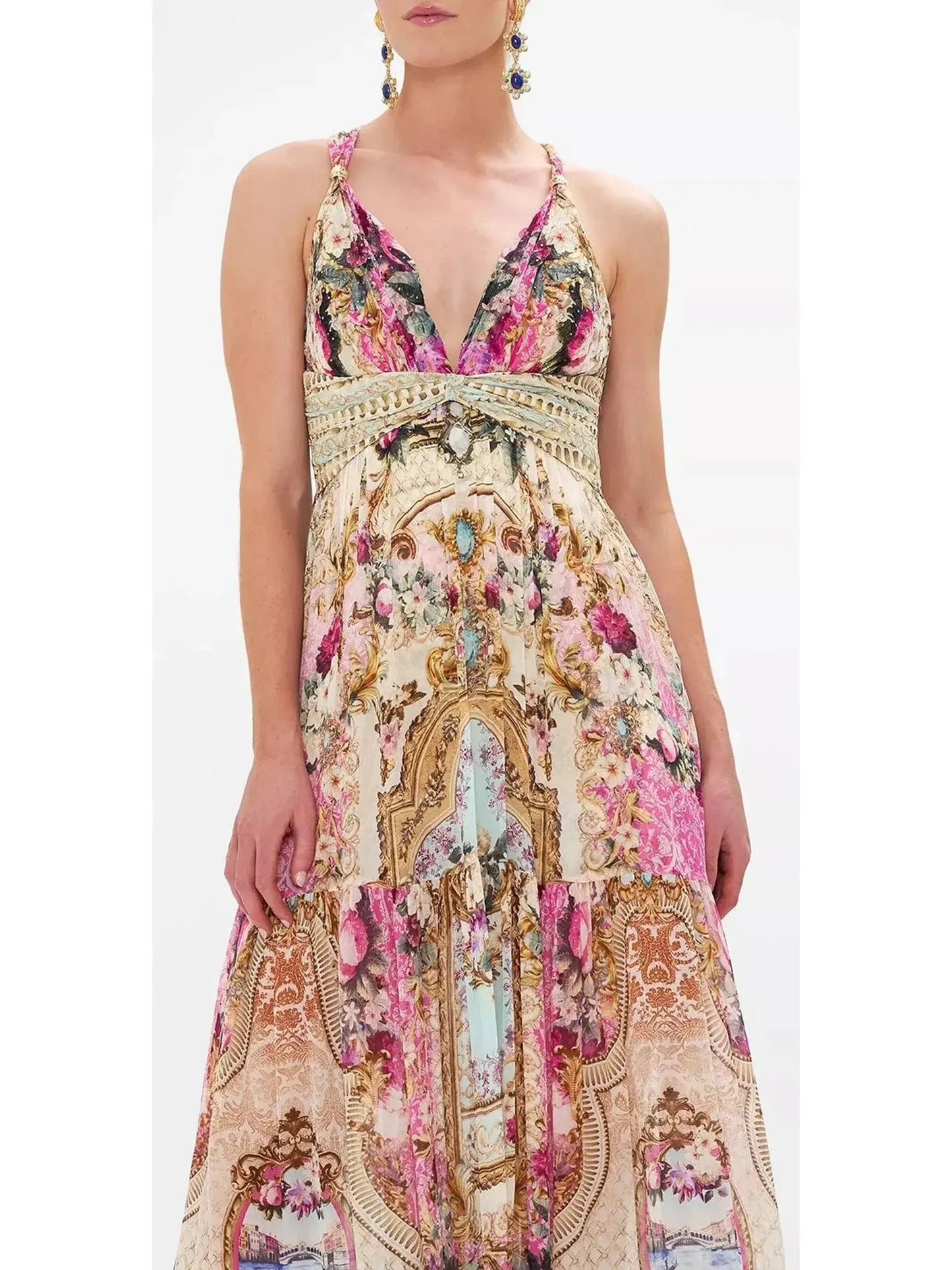 Printed Sleeveless Silk T Back Gathered Panel Dress - Dresses