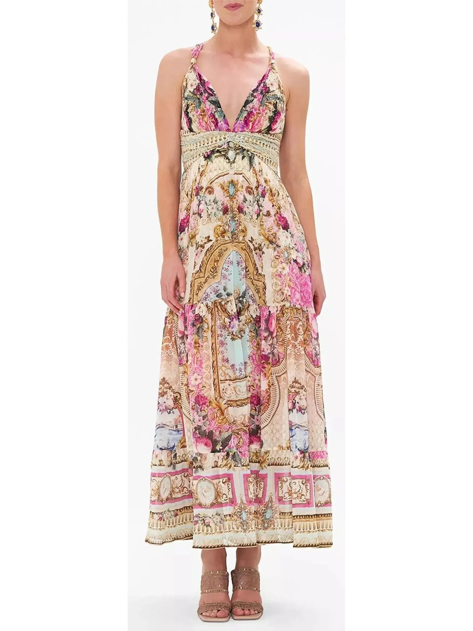 Printed Sleeveless Silk T Back Gathered Panel Dress - Dresses