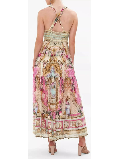 Printed Sleeveless Silk T Back Gathered Panel Dress - Dresses