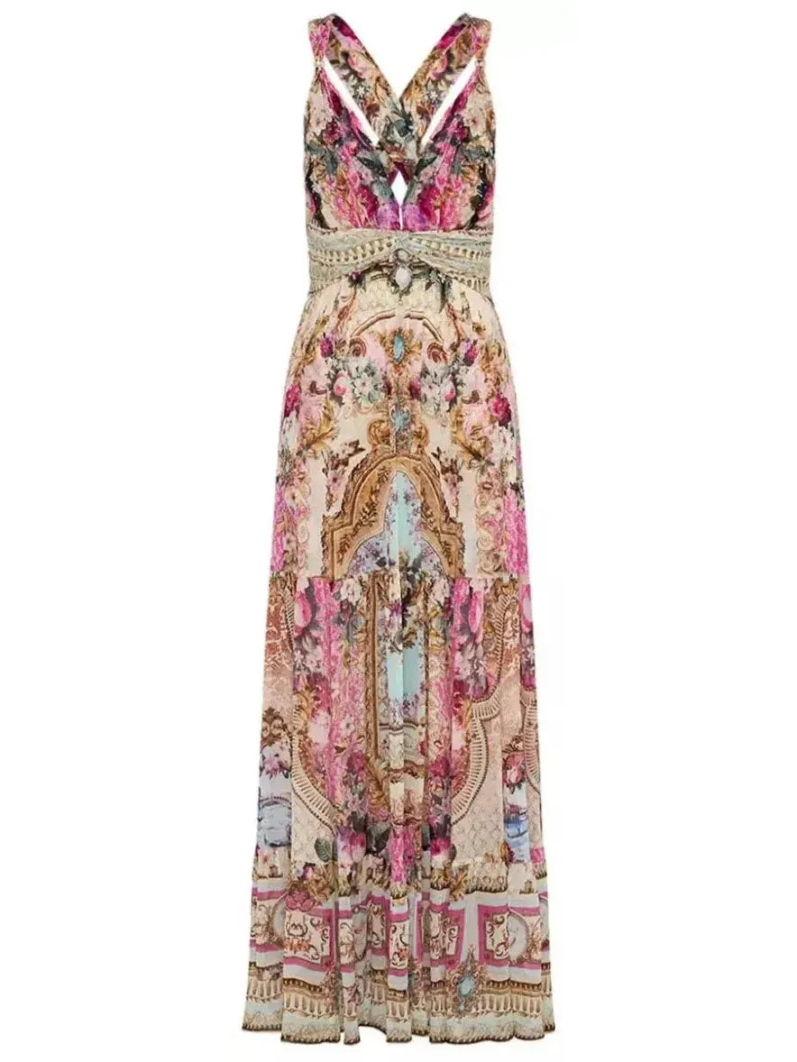 Printed Sleeveless Silk T Back Gathered Panel Dress - s - Dresses