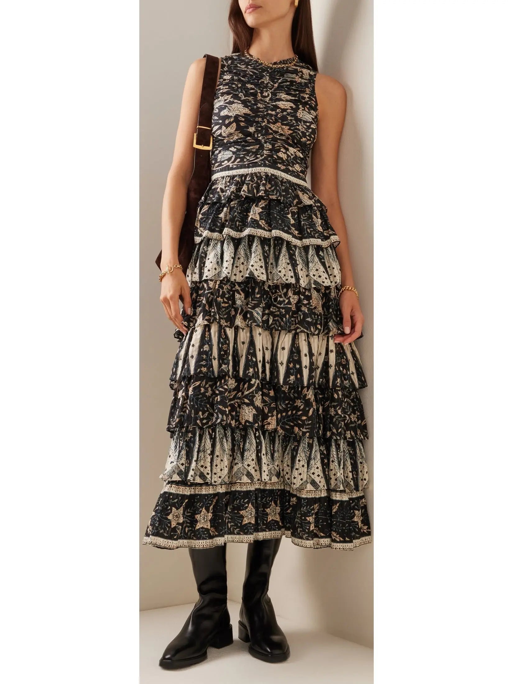 Printed Tiered Cotton-Blend Midi Dress - small - Dresses