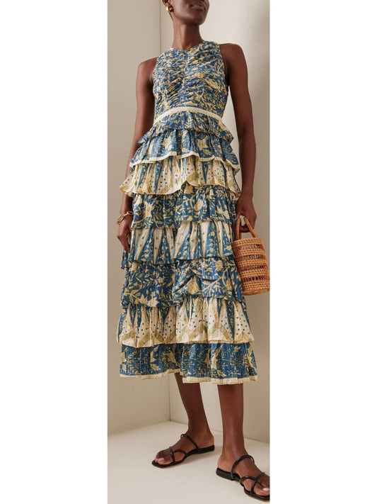 Printed Tiered Cotton-Blend Midi Dress - small - Dresses