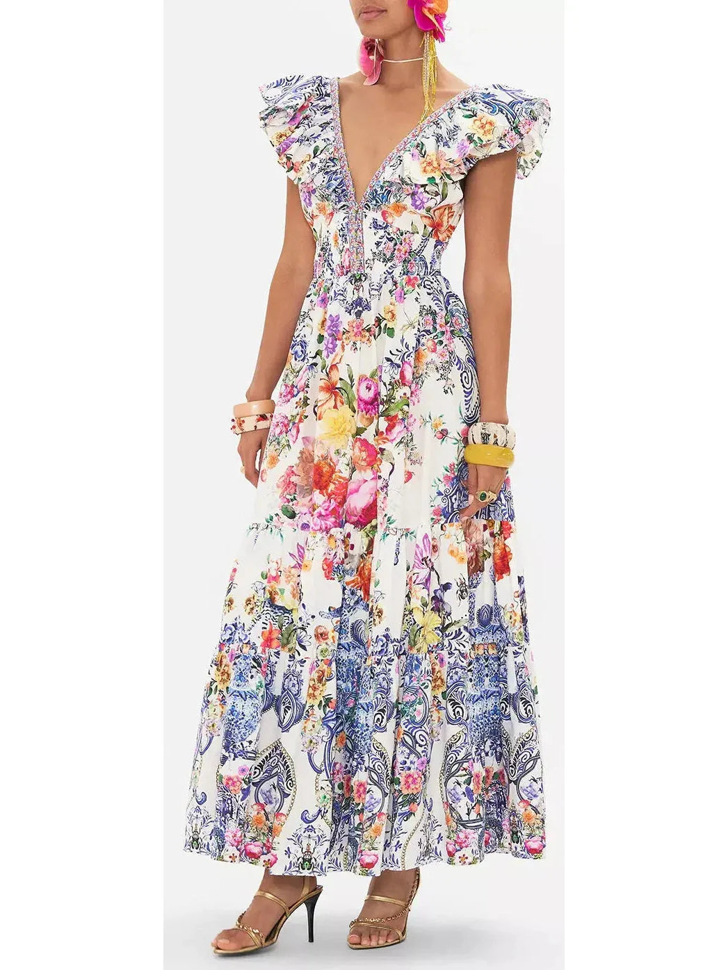 Printed Tiered Cotton Dress With Neck Frill - Dresses