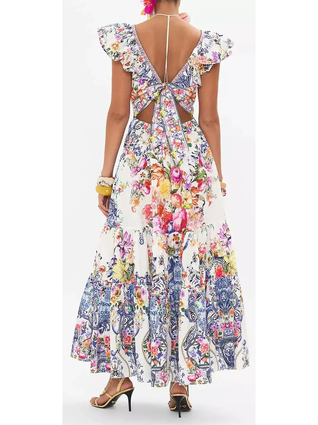 Printed Tiered Cotton Dress With Neck Frill - Dresses