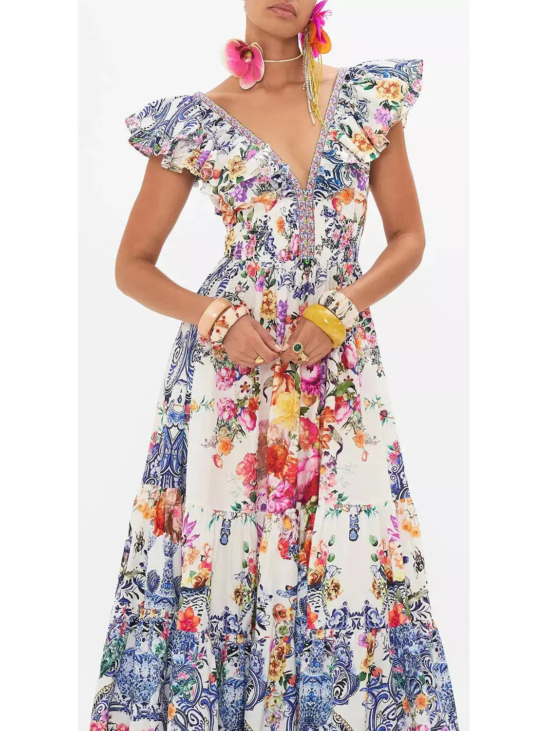 Printed Tiered Cotton Dress With Neck Frill - Dresses