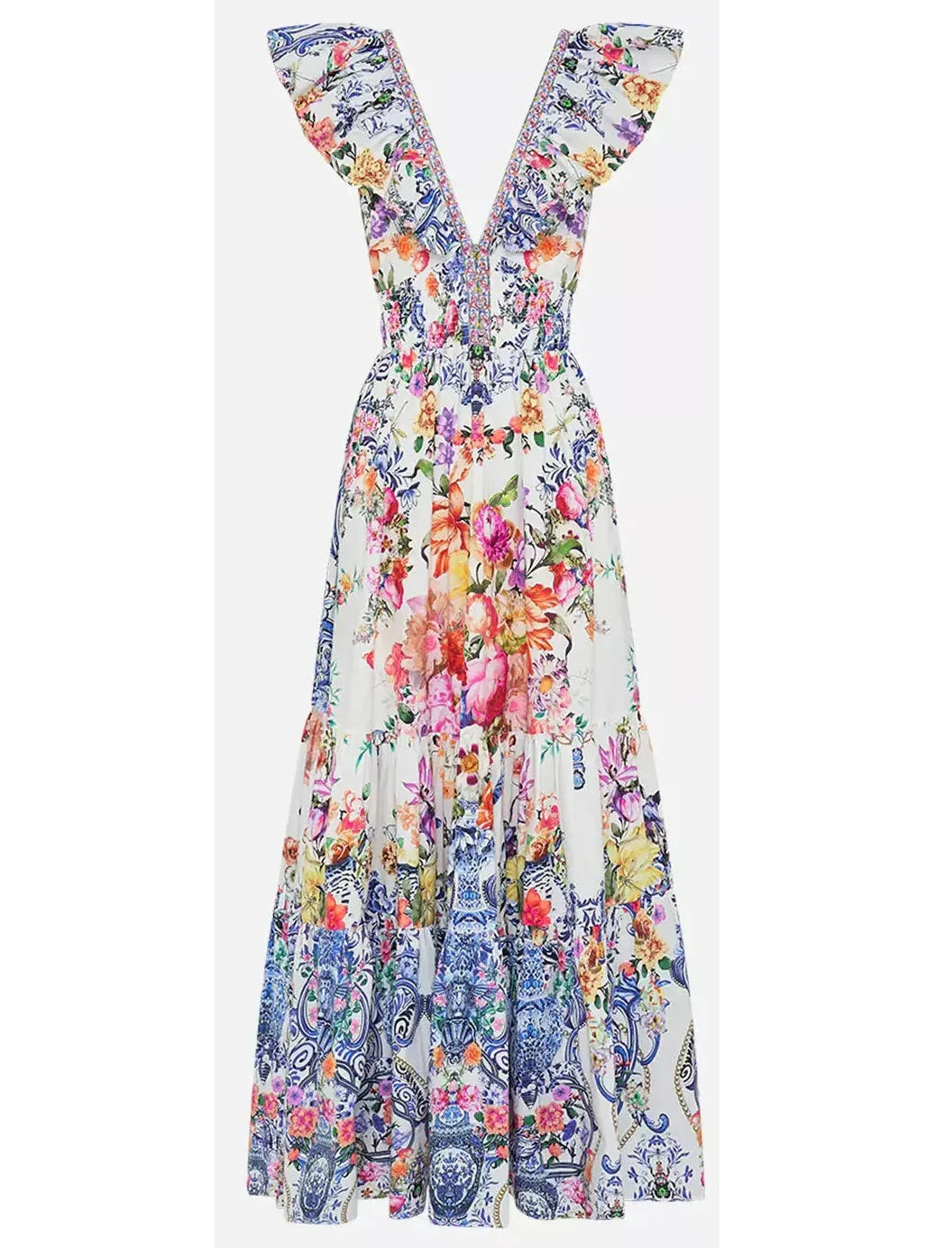 Printed Tiered Cotton Dress With Neck Frill - Dresses