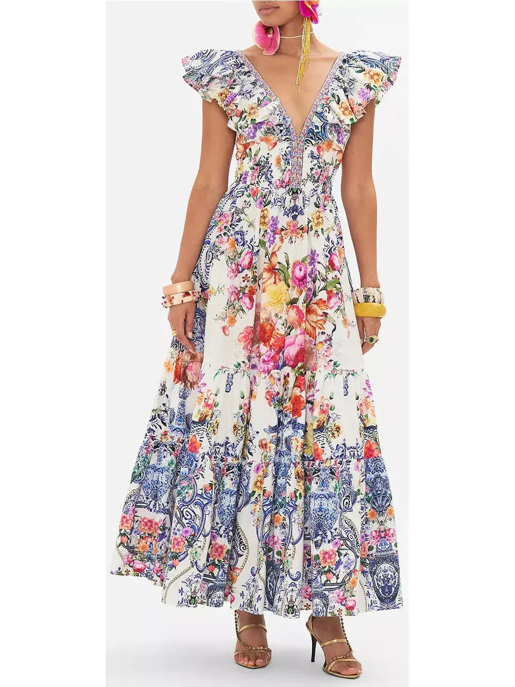 Printed Tiered Cotton Dress With Neck Frill - Dresses