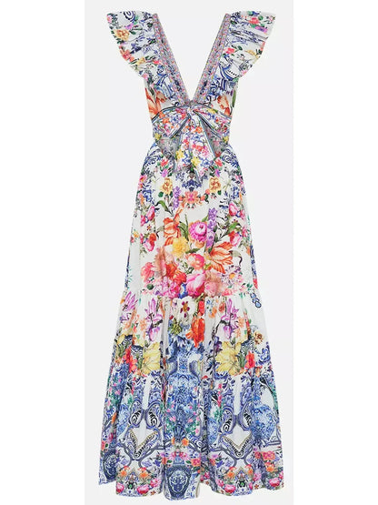 Printed Tiered Cotton Dress With Neck Frill - Dresses