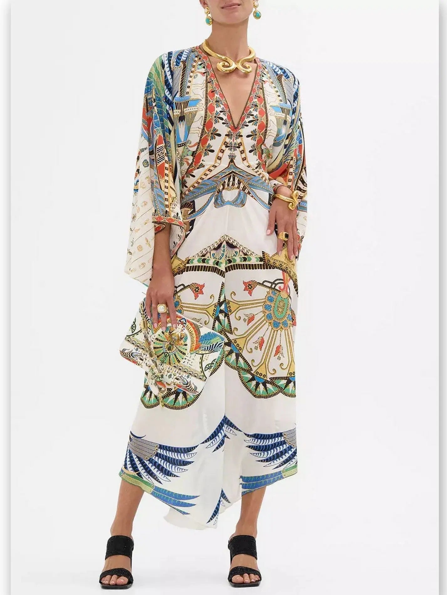 Printed V-Neck Kaftan Dress - One size - Dresses