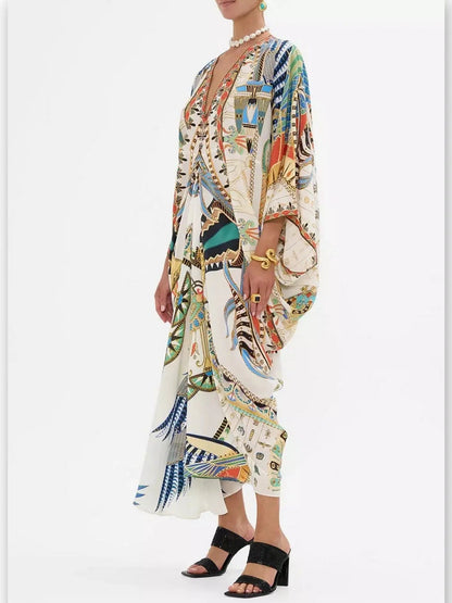 Printed V-Neck Kaftan Dress - One size - Dresses