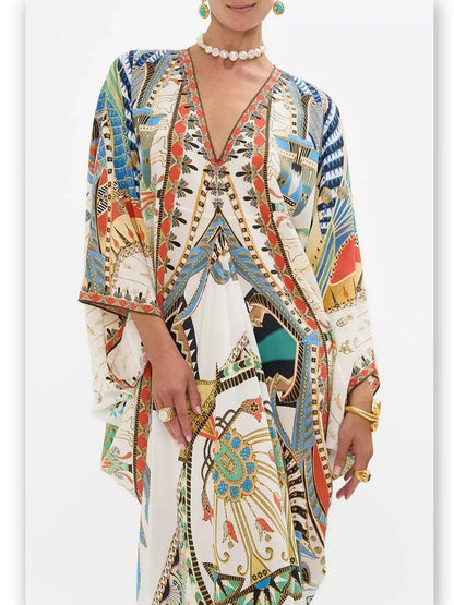 Printed V-Neck Kaftan Dress - One size - Dresses