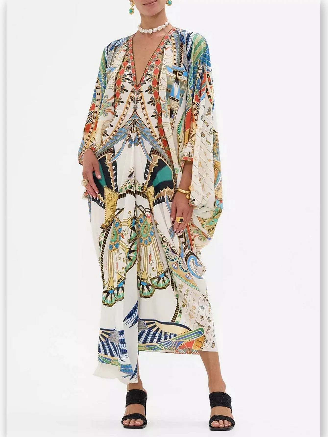 Printed V-Neck Kaftan Dress - One size - Dresses