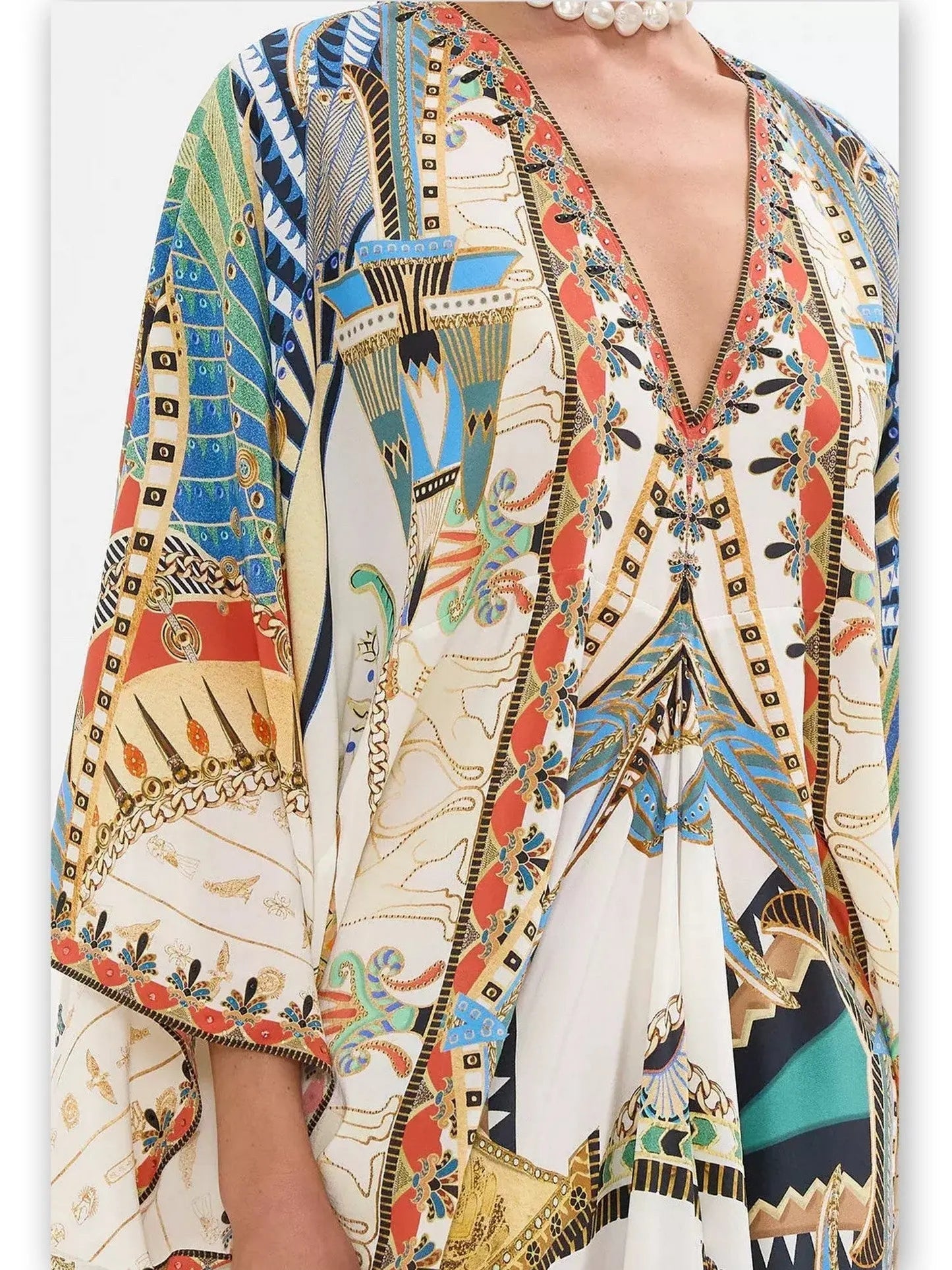 Printed V-Neck Kaftan Dress - One size - Dresses