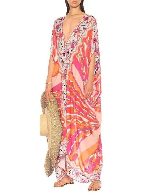 Printed V-Neck Kaftan - s - Dresses