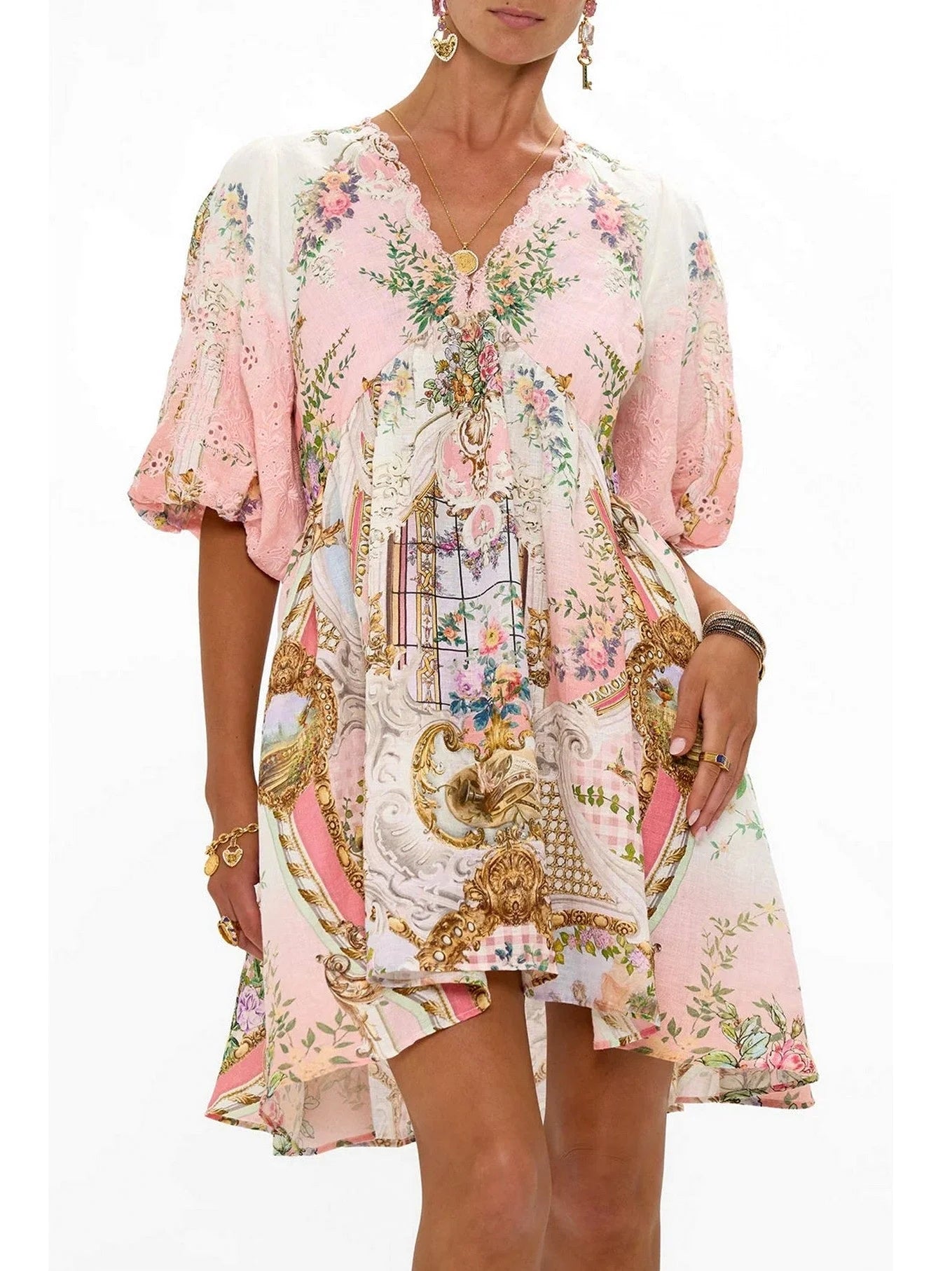Printed V-Neck Linen Mini Dress - XS - Dresses