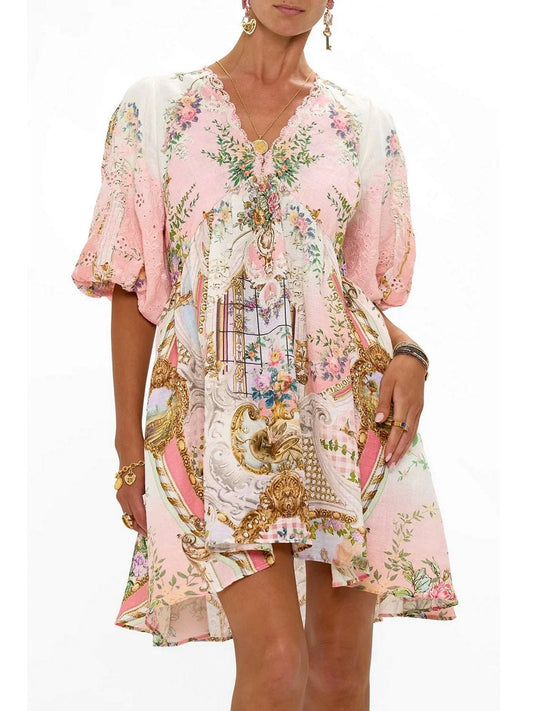 Printed V-Neck Linen Mini Dress - XS - Dresses