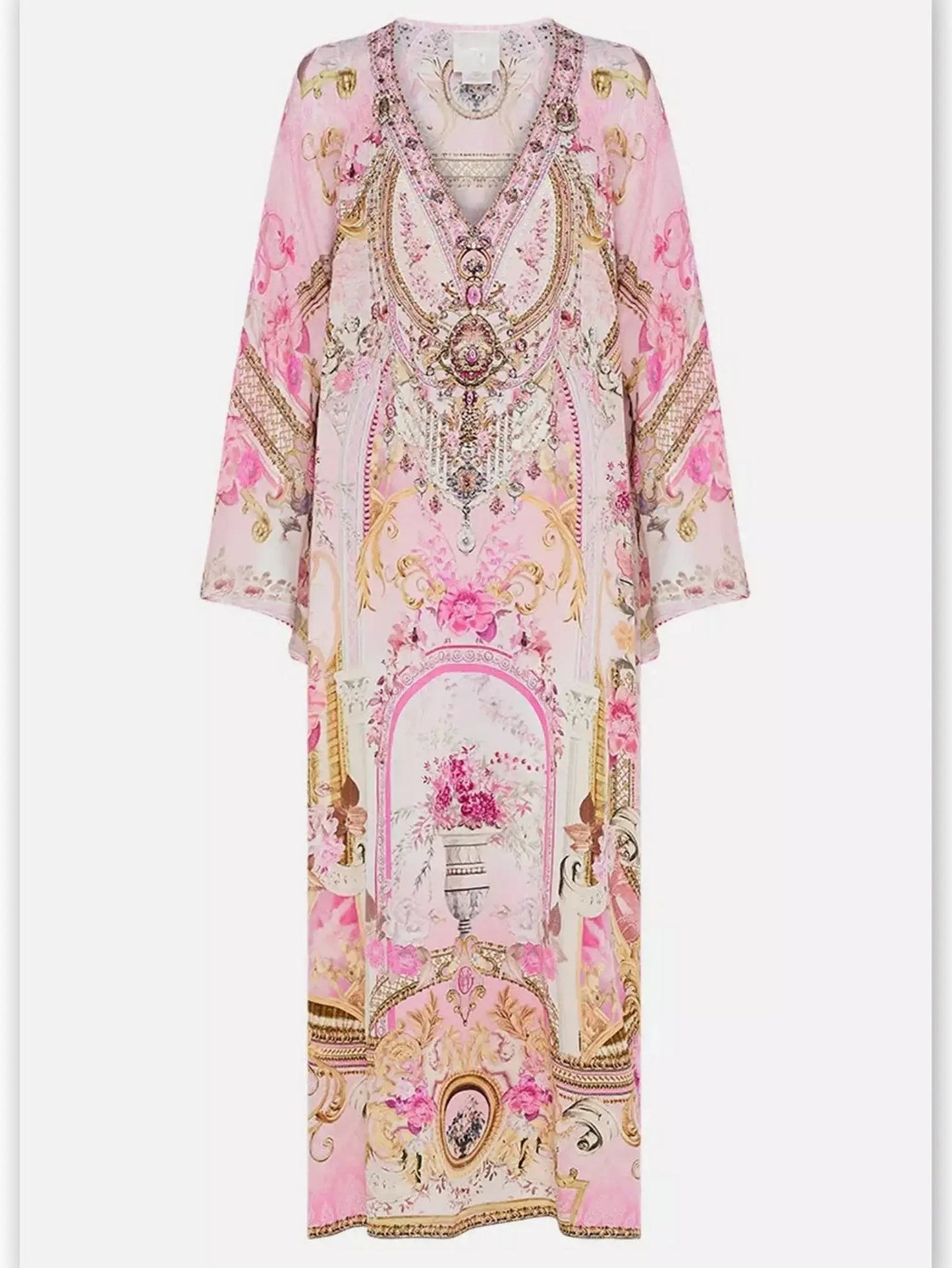 Printed V-Neck Pink Toned Kaftan Dress with Raglan Sleeves - One size - Dresses