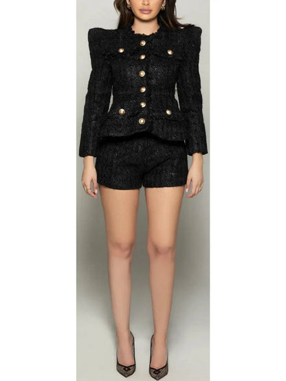 Puff-Shoulder Tweed Jacket and Short Set Black - Suits & Sets