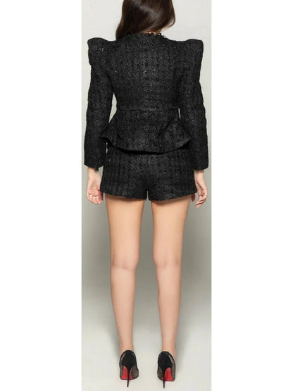 Puff-Shoulder Tweed Jacket and Short Set Black - Suits & Sets