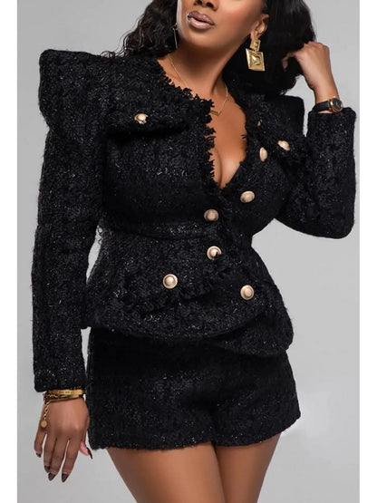 Puff-Shoulder Tweed Jacket and Short Set Black - Suits & Sets