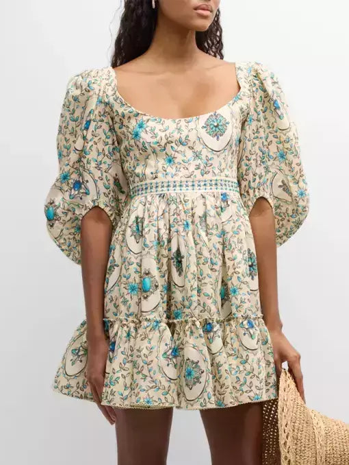 Floral print puff-sleeve linen printed mini dress perfect for summer outings