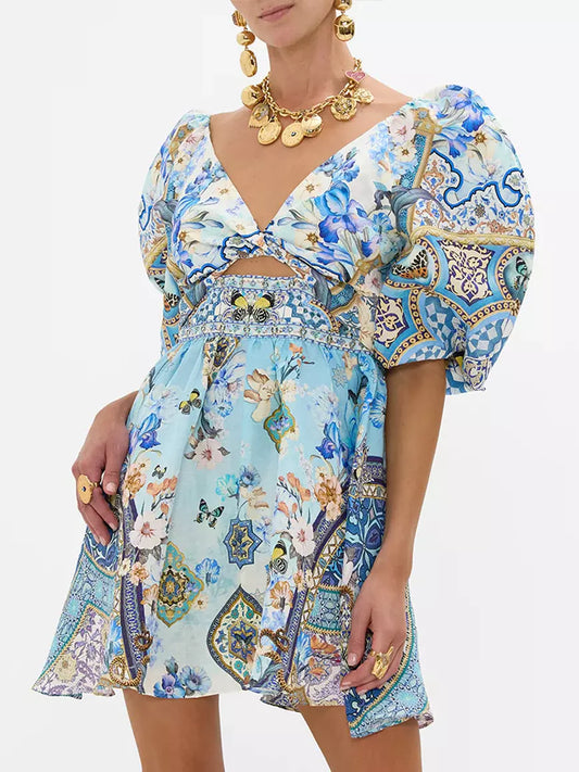 Floral-patterned Puff-Sleeve Printed Mini Dress with Crystals for stylish elegance