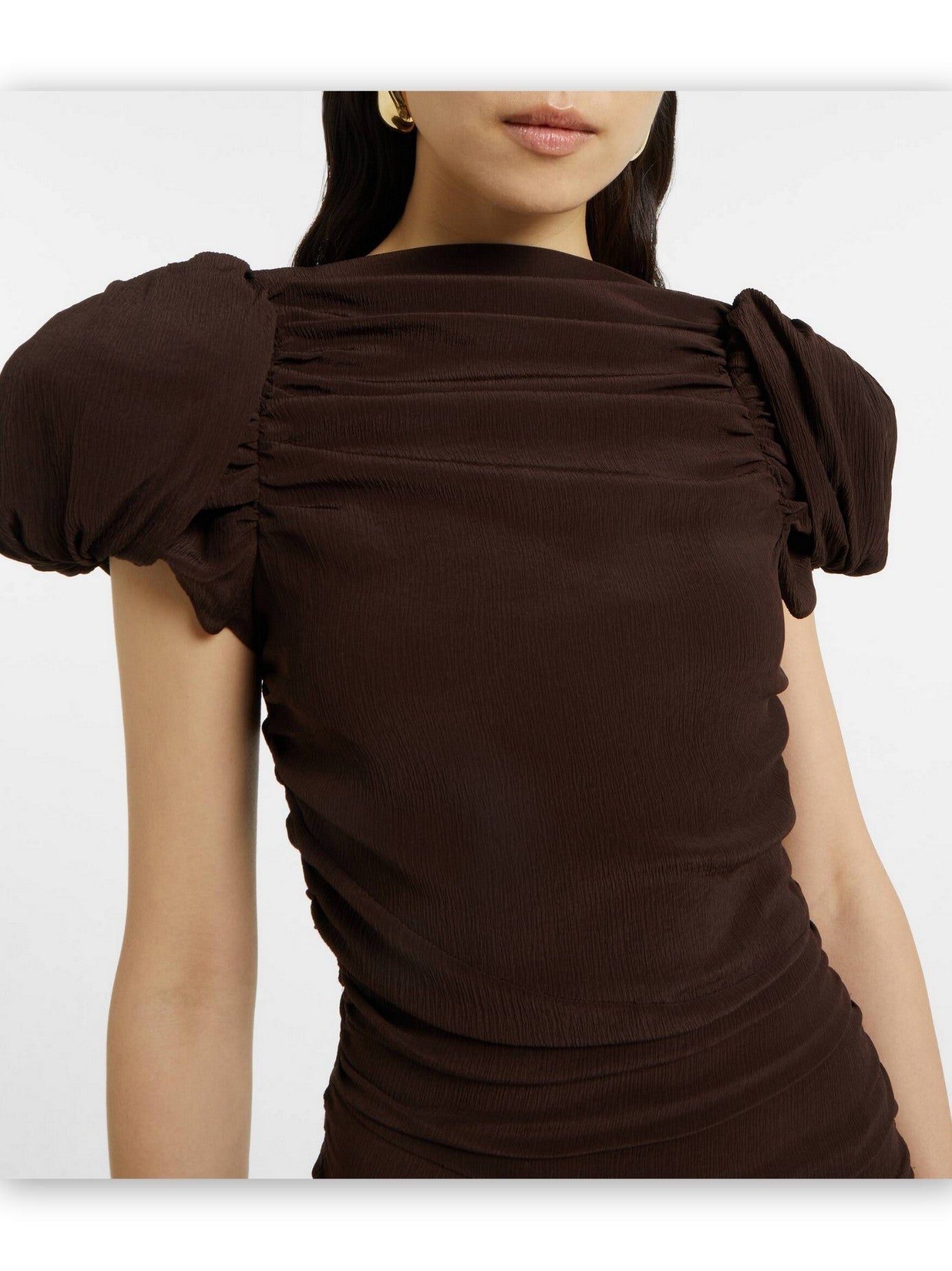 Puff-Sleeve Ruched Midi Dress in Brown - Dresses