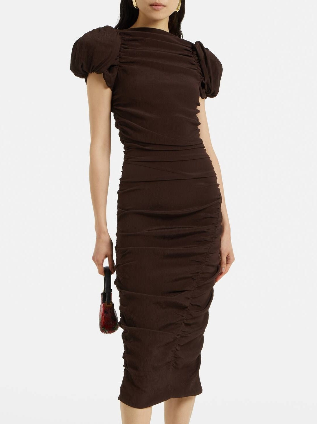 Puff-Sleeve Ruched Midi Dress in Brown - Dresses