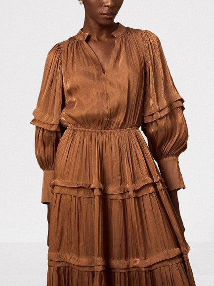 Puff-Sleeve Tiered Maxi Dress in Brown - Dresses