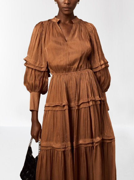 Puff-Sleeve Tiered Maxi Dress in Brown - Dresses