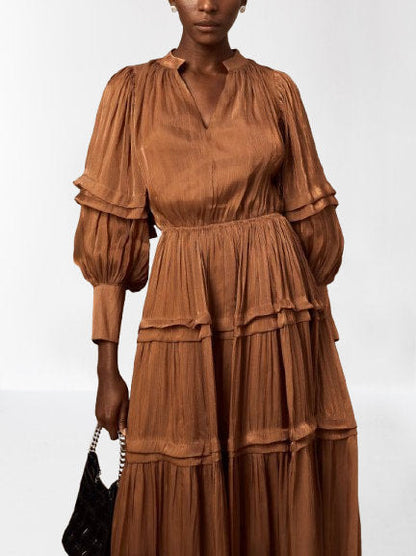 Puff-Sleeve Tiered Maxi Dress in Brown - Dresses