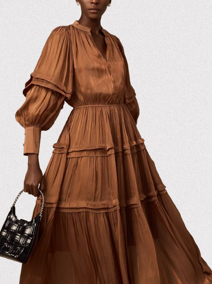 Puff-Sleeve Tiered Maxi Dress in Brown - Dresses
