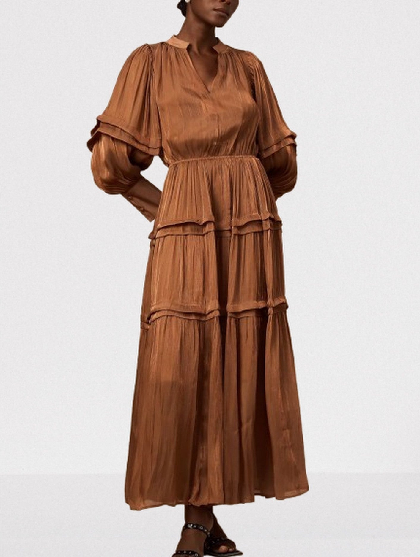 Puff-Sleeve Tiered Maxi Dress in Brown - Dresses