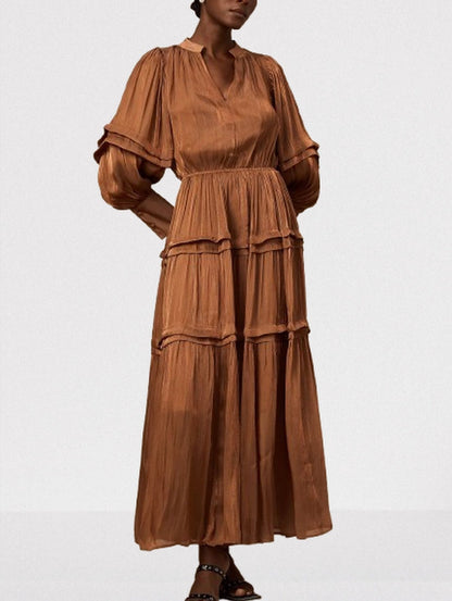 Puff-Sleeve Tiered Maxi Dress in Brown - Dresses