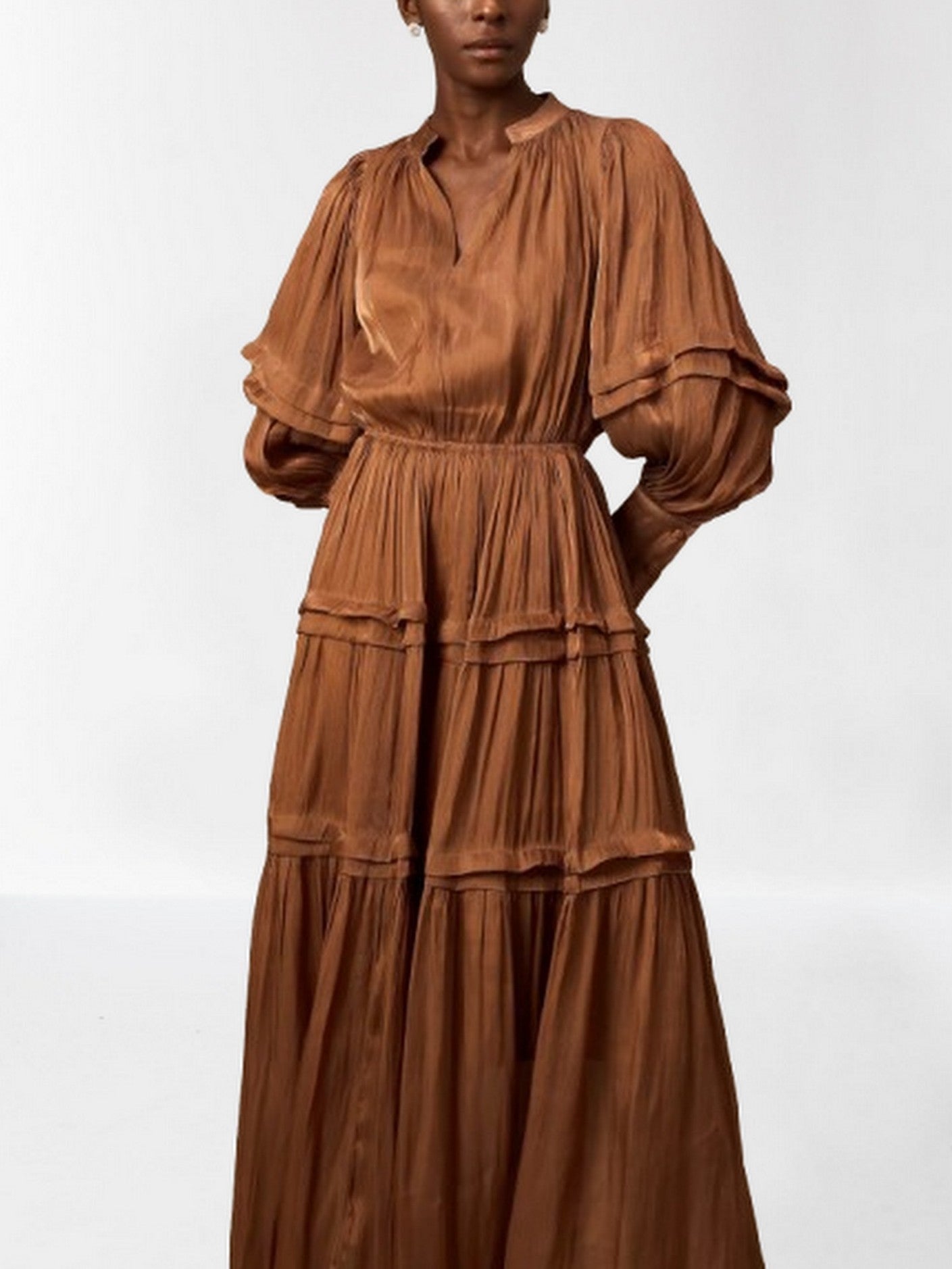 Puff-Sleeve Tiered Maxi Dress in Brown - Dresses
