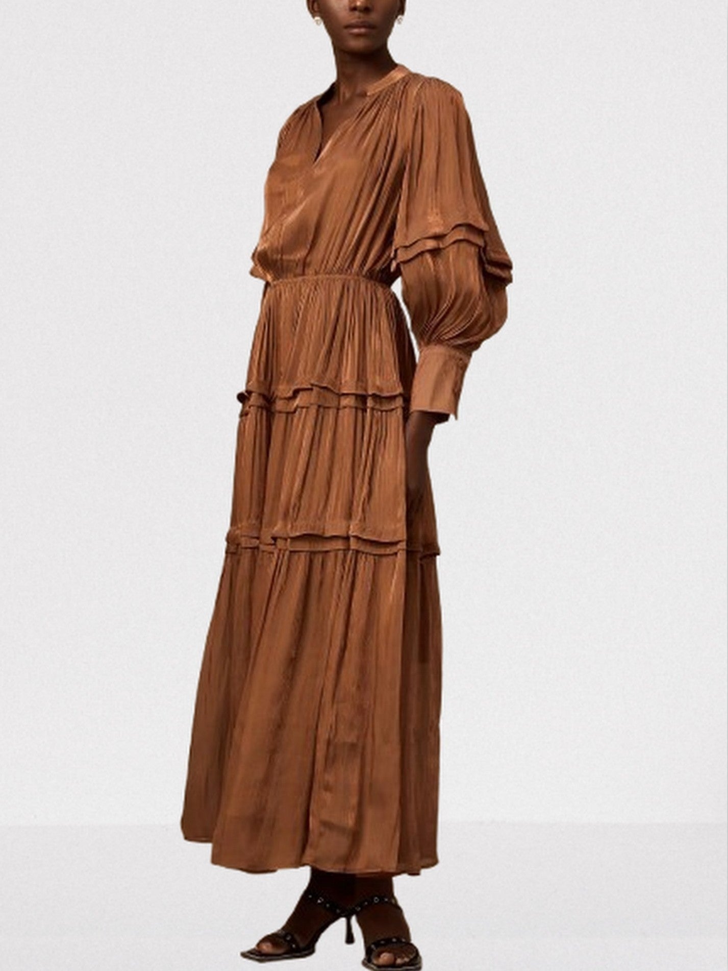 Puff-Sleeve Tiered Maxi Dress in Brown - Dresses